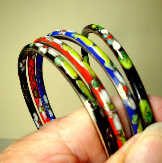 Vintage Chinese Cloisonne Bangle Bracelets: 1980s… - image 1