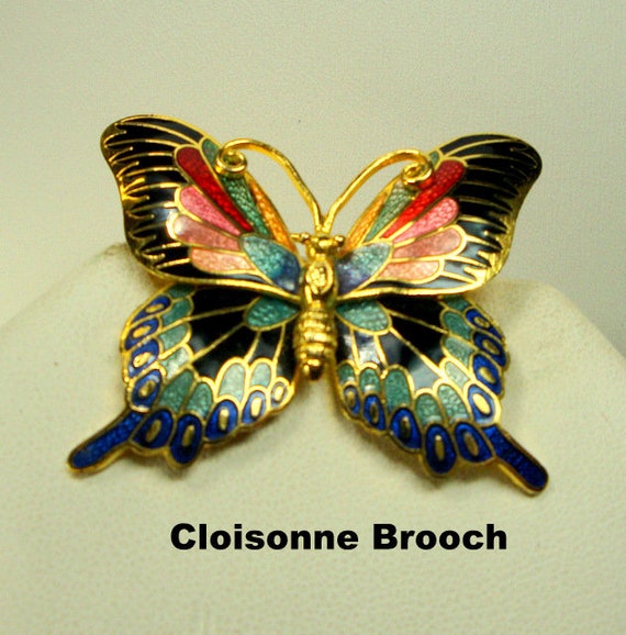 Chinese Cloisonne Butterfly Pin, Pretty Black, Gr… - image 6