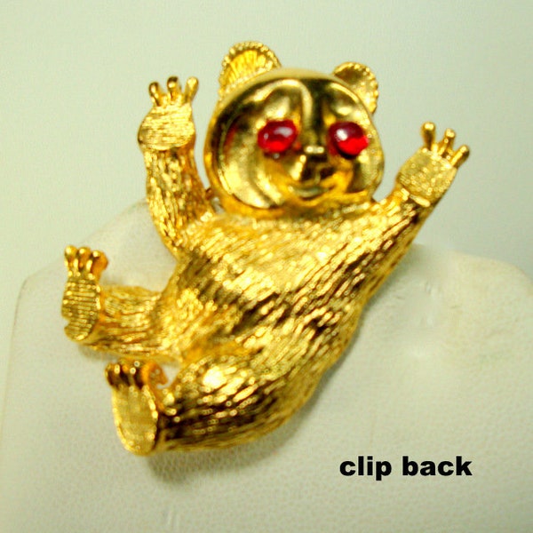 Honey Bear Clip Back Pin, Gold Metal with Red Glass Eyes, Adorable Brooch, We All Need a Teddie to Talk To