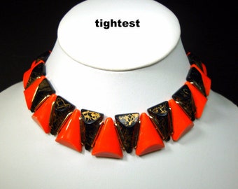 SEXY Black & Orange Alternating Art Deco Triangle Choker Necklace, Adjustable Length, 1950s Glass and Plastic, So Bold, So cool