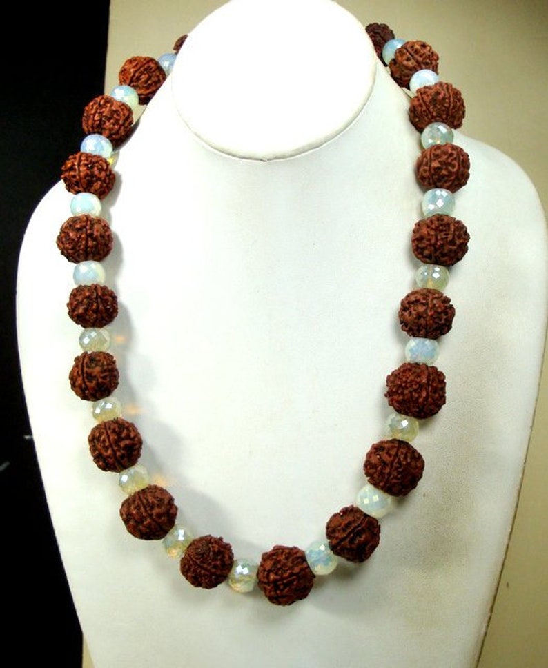 5 Mukhi Rudraksha Sacred Bead Necklace Seeds /& Faceted Opalescent Milk Glass Beads OOAK by Rachelle Starr For The Spiritual Warrior