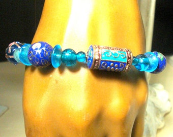 Bracelet, Cloisonne & Some Murano Blue Glass Beads with Silvertone Toggle Catch, R Starr Creation