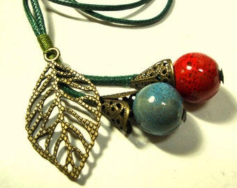 Ceramic & Brass Double Cherry Berry Fruit Pendant on Long Woven Green Cord, Brass Leaf Too