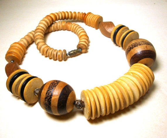 Big Striped Wood Round Bead Focals On Tan All Woo… - image 5