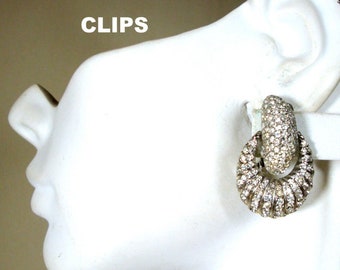 GLAM White Rhinestone Earrings, Vintage CLIP Dangle Classics, Flashy Faceted Stones in Silver Settings, Traditional 1980s