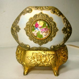 1950s Japan Cameo Jewelry Box: Goldtone Rococo Porcelain Enamel