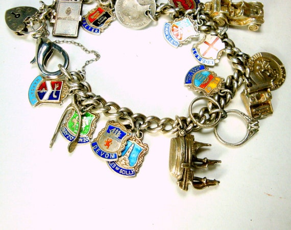 Sterling Silver Charm Bracelet with 12 Charms, Safety Clasp, Mid Century, 1960's Vintage, Fun to Wear, Instant History, Excellent Condition