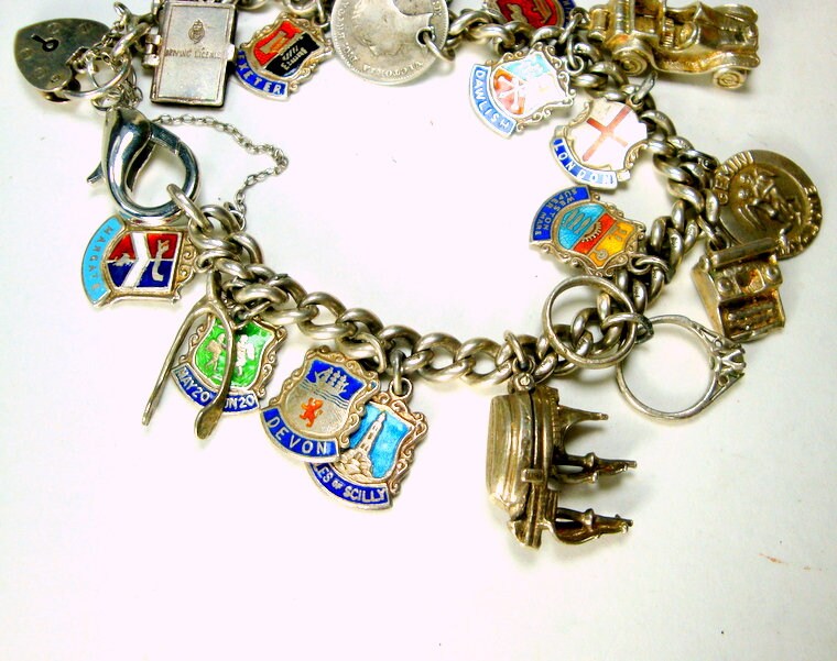 Stunning 1950s English Charm Bracelet/Silver/Loaded-50 to 60 Charms