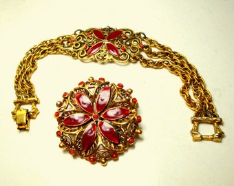 Renaissance Set, Red Enamel on Goldtone Bracelet & Matching Brooch, Elegant Jewelry, Always Nicer Than My Photos...