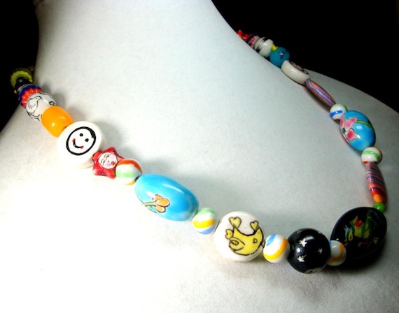 Handmade Porcelain & Glass Beads Necklace by Rachelle Starr, Hippie Boho Bead Soup, 22" Long View 6