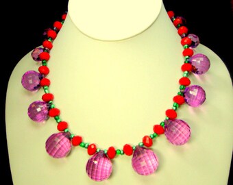Fun PERKY Purple Lucite Ball Charms on Deep Red & Teal Glass Bead Choker Necklace, OoAK Metro Tribal Art By Rachelle Starr