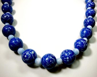 Chinoiserie Porcelain Bead Necklace: Blue Floral Asian Style, 24"