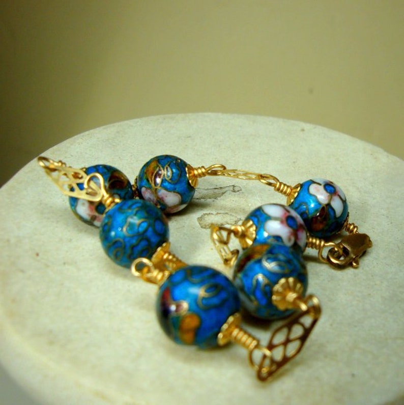Teal Blue Cloisonne Bead Bracelet With Goldtone Links Etsy