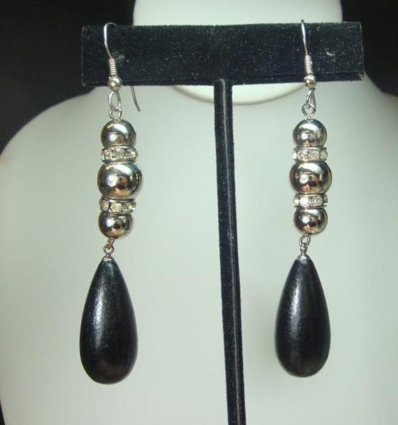 Long Black n Clear Rhinestone Drop Earrings, Brid… - image 3