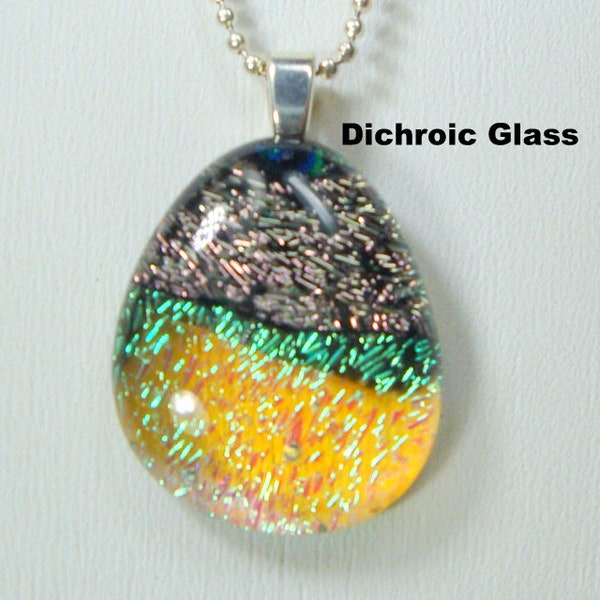 SALE, TiNY Dichroic Glass Teardrop Pendant on Silvertone  Chain, Green & Orange n Clear, Handmade, 1990s  Artsy Boho PETITE Little THANG