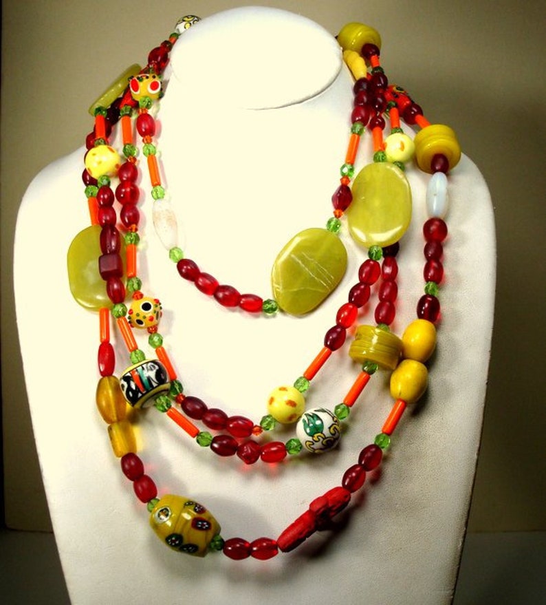 Long JADE, Porcelain, Cinnebar, Vintage Glass Beads w Sterling Catch, 2 shops Strands Red, Yellow, Chartreuse, Orange, Green, OOAK Rachelle Starr