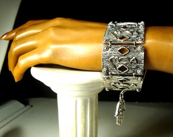 Silvertone Ottoman Style ALLAH link Bracelet & Dangling Khamsa, Hamsa, Hand of Lilith, Protection Motifs, FATIMA Exotic Tribal Jewelry