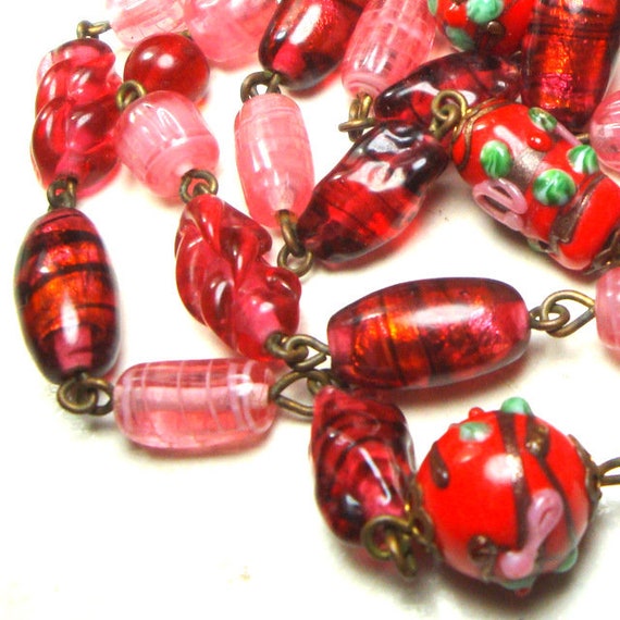 LONG Red & Pink ART Glass Bead Linked 54" Necklac… - image 4