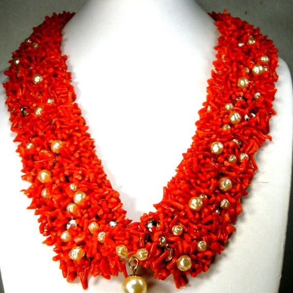 Red Branch CORAL Handsewn Collar Necklace, with P… - image 3