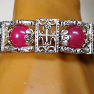 Tibetan Silver & RASPberry Dyed Jade Bead Bracelet, Lobster Catch Closure image 7