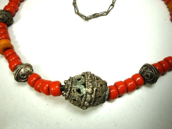 Tribal Orange & Yellow Glass Bead Necklace w Silv… - image 4