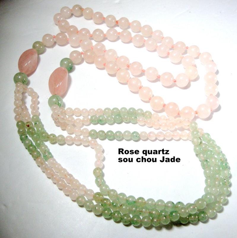 Rose Quartz & Green Jade Necklace: 1960s Hand-knotted Bib, 30