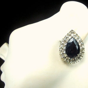 Black White Rhinestone Teardrop Post Earrings, Silvertone Metal Hollywood Glam Settings
