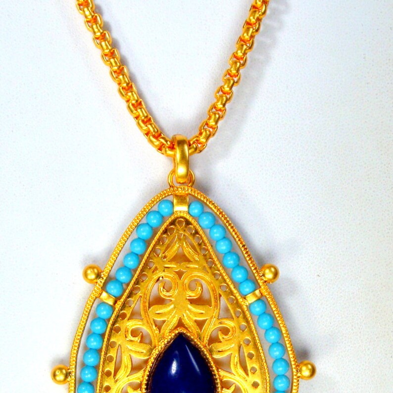 PJM Signed Faux Turquoise /& Lapis Lazuli Mid East Style Amulet SALE Exotic Gold Teardrop Pendant on Gold LONG Chain Necklace