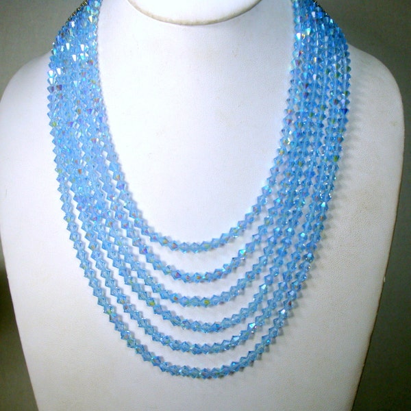 RESERVED Hanna, Light Blue Crystal Necklace, Aurora Borealis Rainbows,  6 Strands of Soft Blue Faceted Beads, FLASHY 1960s, Glam Glitzy Fun