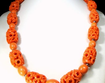 CELLULOID Vintage 1940s ORANGE Bead Necklace, 2 Color Tones, Very Bold & Nice Big Beads, Silvertone Spacer Beads