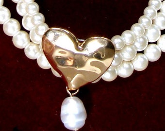 SET, 3 Strand White Pearl Necklace & Post Earrings, Glass Perls,  Gold Metal Heart Focals, 1980s Unused