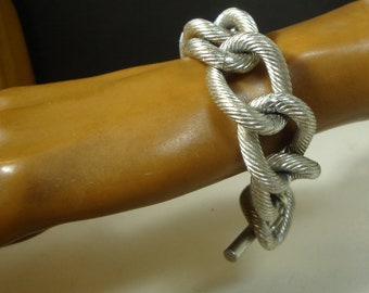 Industrial PUNK Large Chain Link Bracelet 1980s, Striped Shiny Silver Finish, Strong Dramatic Metal Rock Star Hard Edge