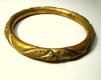 Vintage Chinese Hollow Brass Bangle Bracelet,  Handmade Used Now Darkened Repousse Asian Collectible Wrist Jewelry