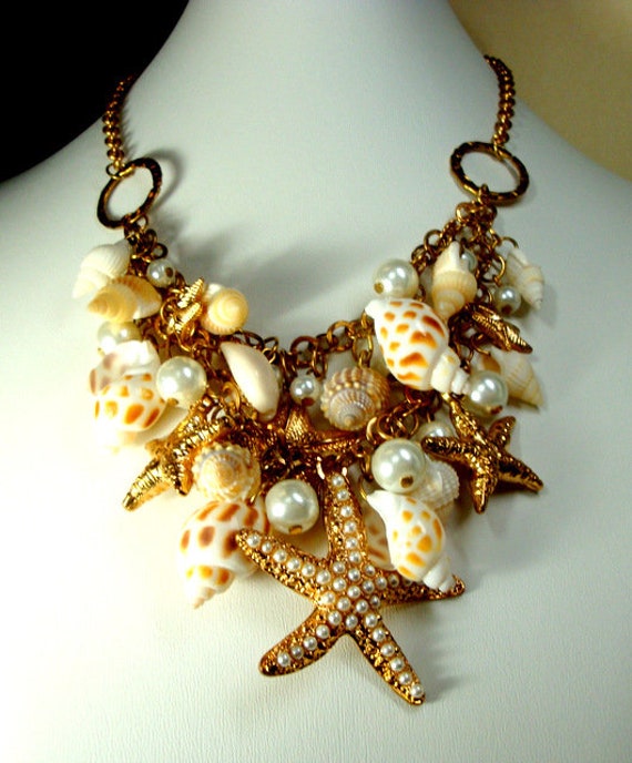 Real SeaShells Pearl Dangles & Golden Starfish Charms on 2 | Etsy