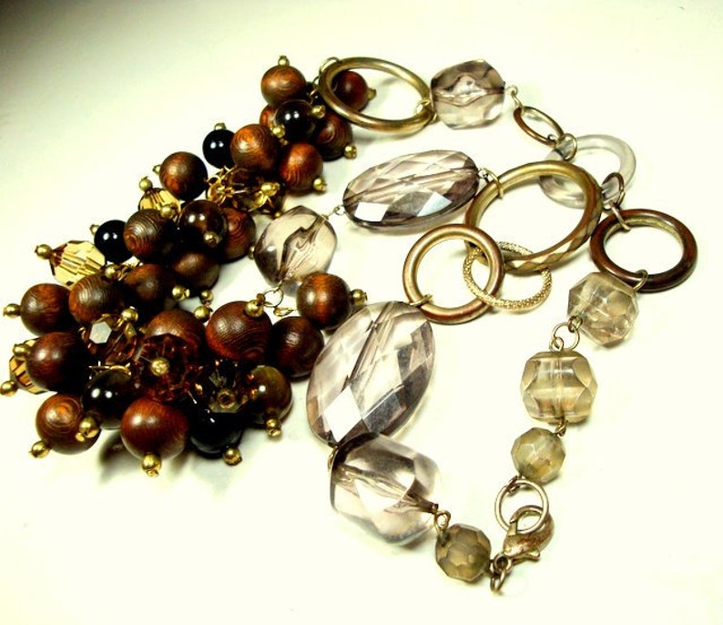 Recycled OOAK By Rachelle Starr Brown Wood Bead Cluster BIB Necklace On Brasstone Chain w Transparent Big Beads