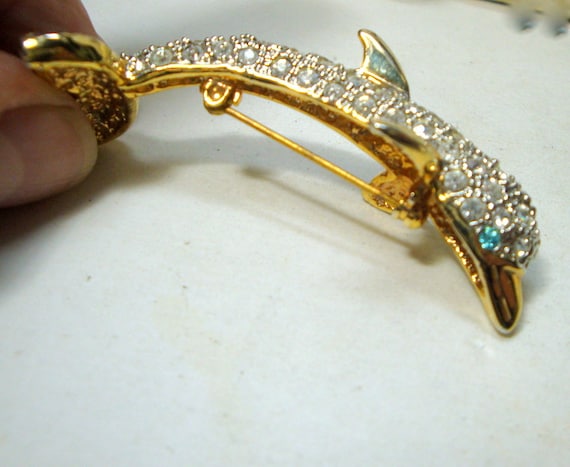 Large Dolphin SHOULDER Pin, Sparkling Blue Rhines… - image 4