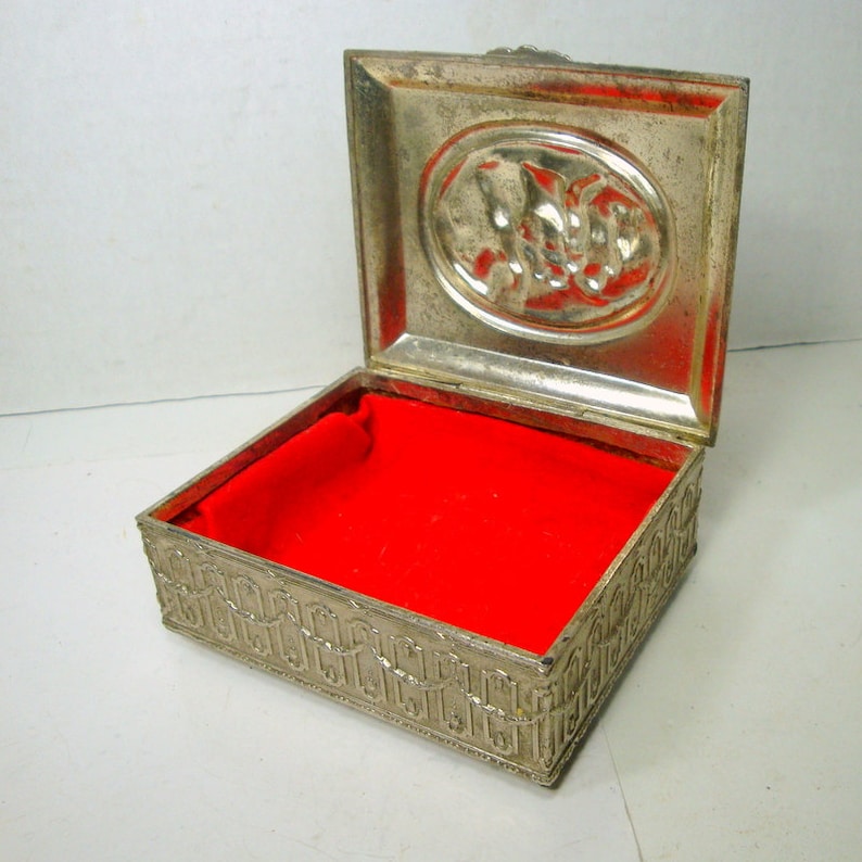 1950s Post War Metal Hinged Box Red Lining Ornate French Style Silver Dresser Box Rococco Style Renaissance Garden Party Jewelry Box