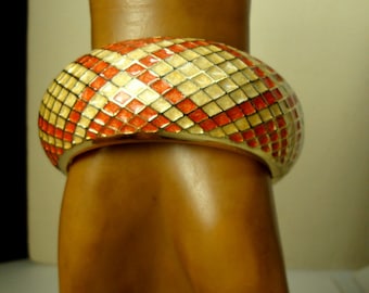 Vintage 1980s Enamel Clamper Bracelet: Orange Cream Geometric Goldtone Bangle
