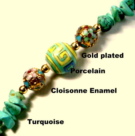 Turquoise Stone Nugget Necklace w Cloisonne, Porc… - image 7