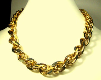 Chunky Gold Double Chain Linked Necklace,  Metro Tribal Design,  1980s Super Shiny, Punk Gold, 16"or 40.64cm