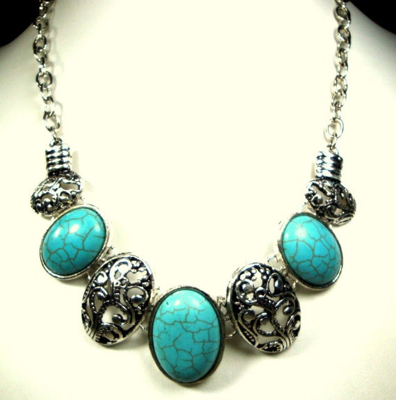 Turquoise & Silver Color Linked  Bib on Chain Nec… - image 2