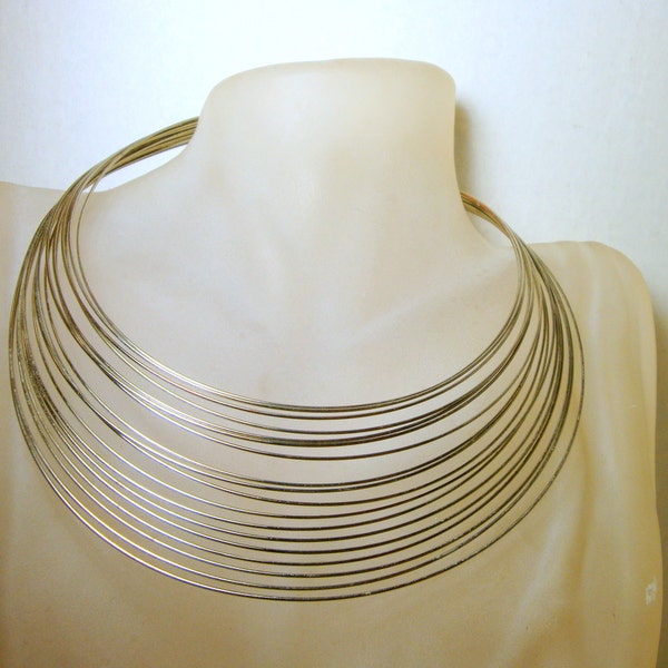 Silver Wire Choker Necklace,Minimalism, Bondage Cosplay, Industrial Lines, 1970s, Coincentric