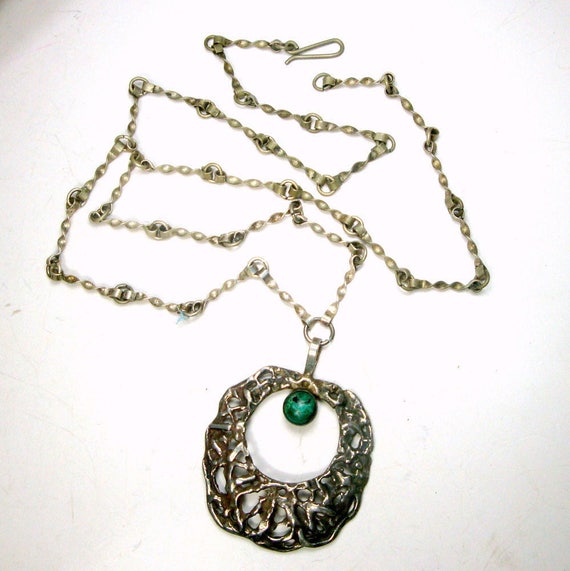 Modernist Silver Amulet on Shinier Silvertone Metal Chain Geometric but Tribal Necklace 1960s Mid Century Art Deco Brutalist Space Race