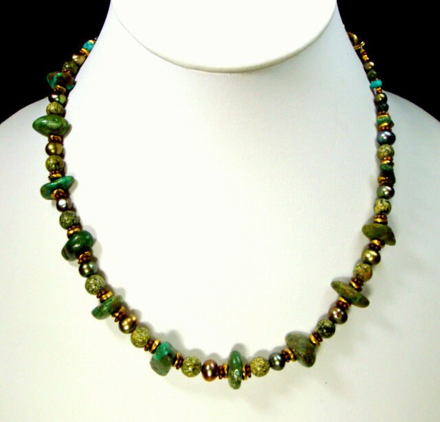 Collier Ancien XXe Siècle, Pépites De Turquoise Et Perles Métal Argenté - Occasion, Bijou Vintage