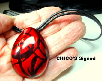 Black & RED Enamel Pendant on Black 2 Strand Cord Neckring Necklace, Bold Amulet, Warrior Choker is Signed Chicos, Adjustable length