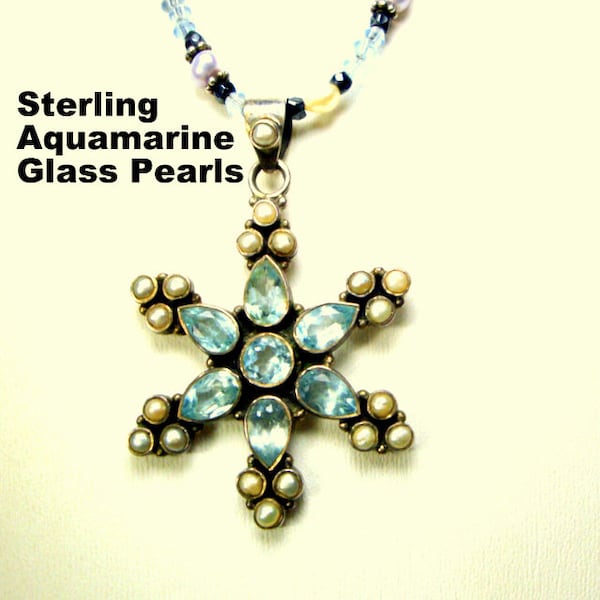 Sterling Silver Jewish Six Point Star of David w Aquamarine, Pearls on 925 Spacers, w Fresh Water Pearls & Blue Glass Bead Necklace, Judaica