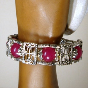 Tibetan Silver & RASPberry Dyed Jade Bead Bracelet, Lobster Catch Closure image 9