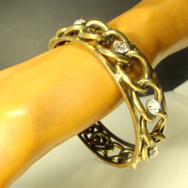 Goldtone Rhinestone Bangle Bracelet, Dark Almost Bronzetone, HEAVY With Big White Jewels
