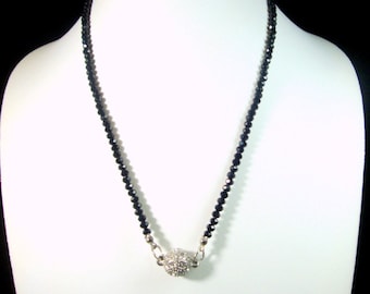 Faceted Black Glass Bead Necklace with ELEGANT Magnetic Rhinestone Ball Clasp, Single Strand Beads, 20" Long, Immaculate