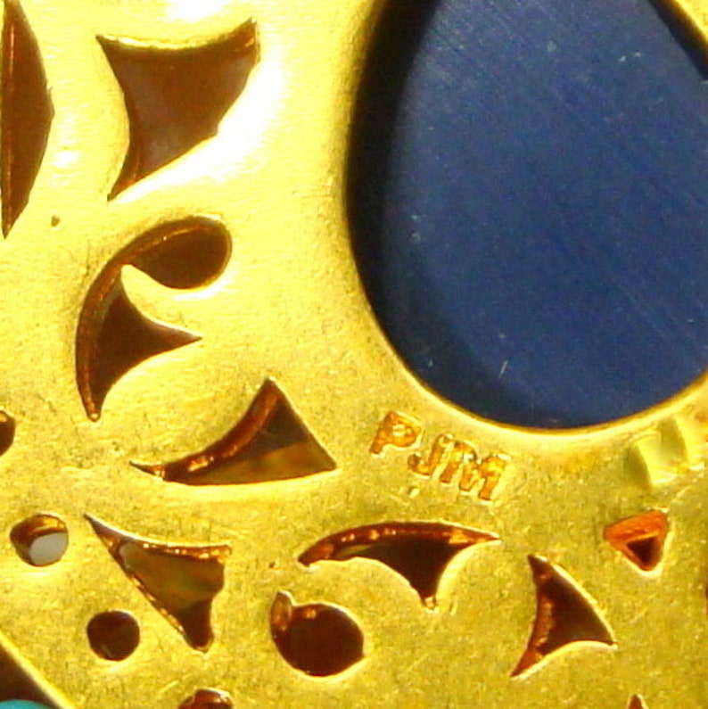PJM Signed Faux Turquoise /& Lapis Lazuli Mid East Style Amulet SALE Exotic Gold Teardrop Pendant on Gold LONG Chain Necklace